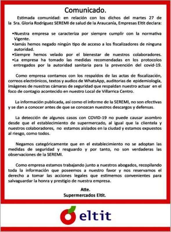 Supermercados Eltit envía comunicado sobre brote de Covid-19 en uno de sus locales - Red Informativa