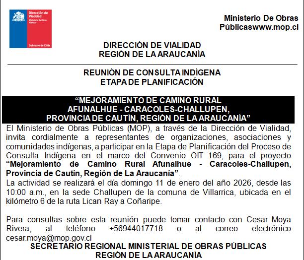 Mejoramiento de Camino Rural Afunalhue - Caracoles - Challupen, Provincia de Cautín, Región de La Araucanía - Red Informativa